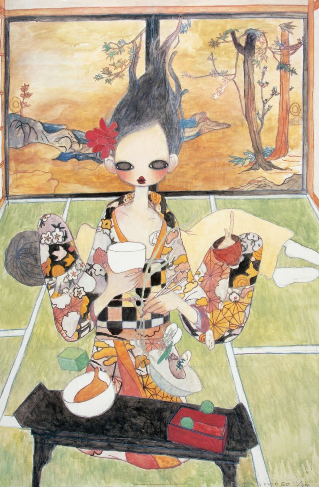A painting of a woman in a kimono sitting at a table.