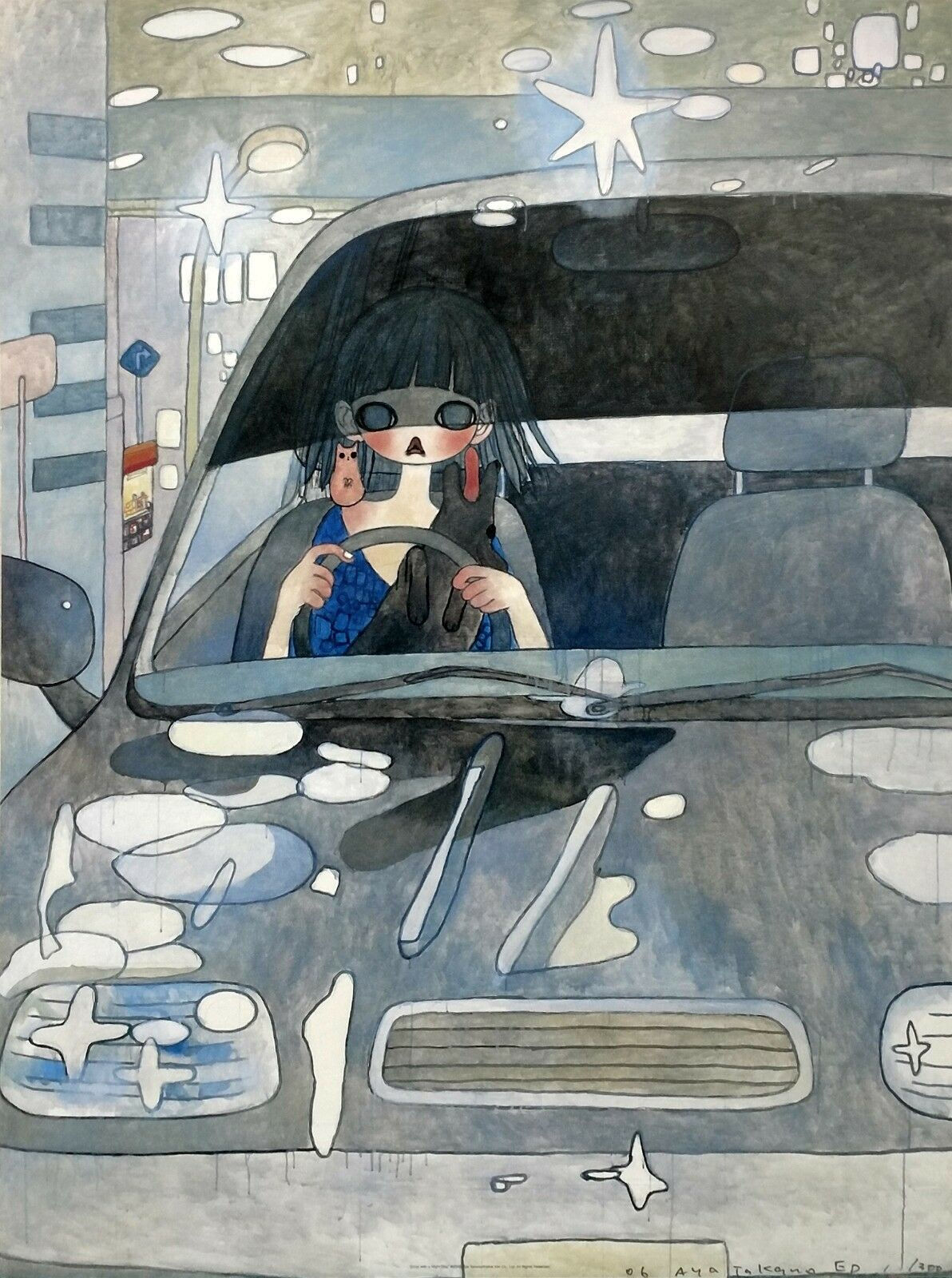 A drawing of a woman driving a car in the rain.