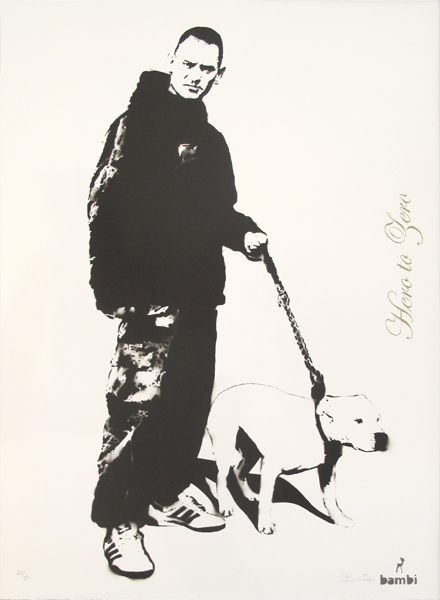A black and white photo of a man walking a dog.