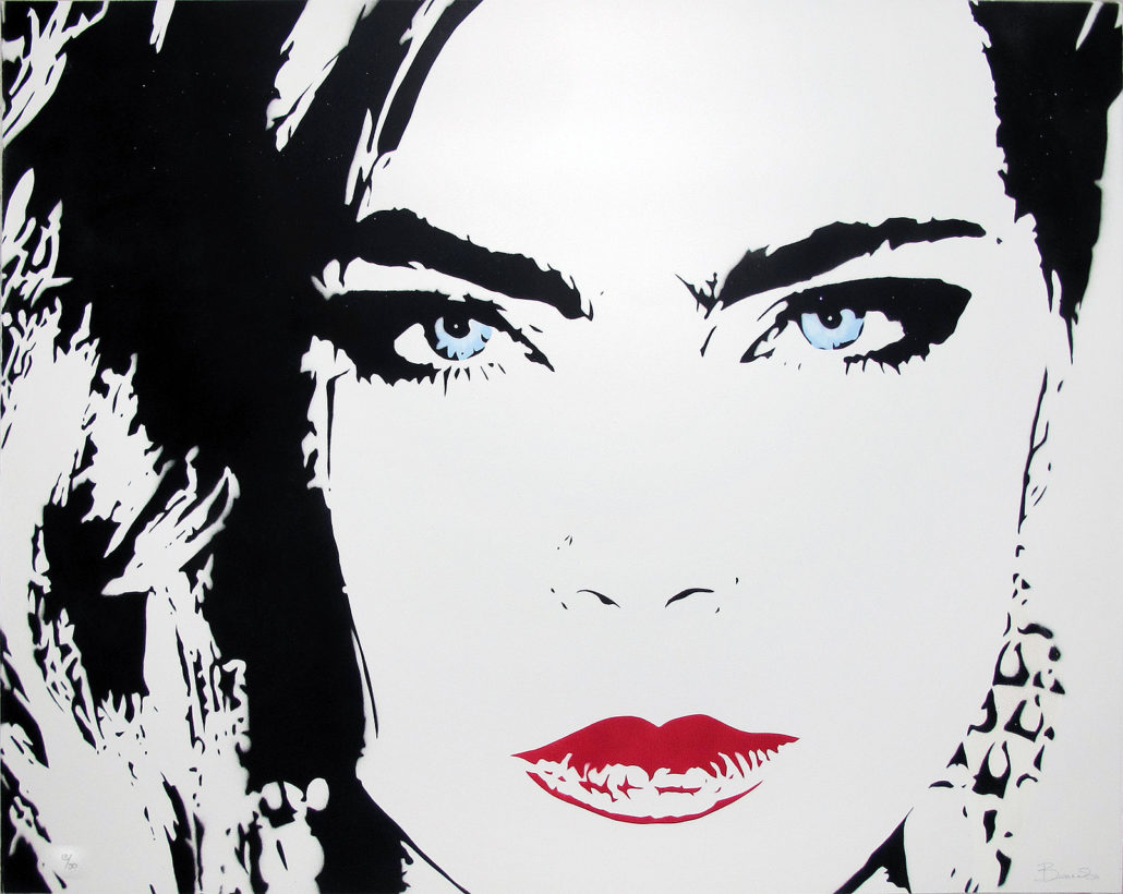 A black and white painting of a woman with blue eyes.