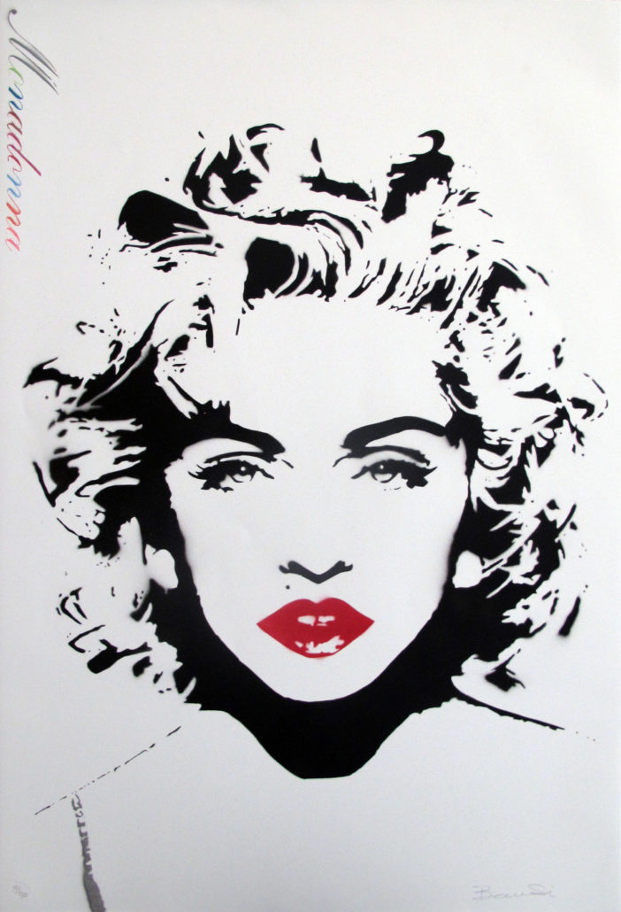A black and white portrait of a woman with red lipstick.