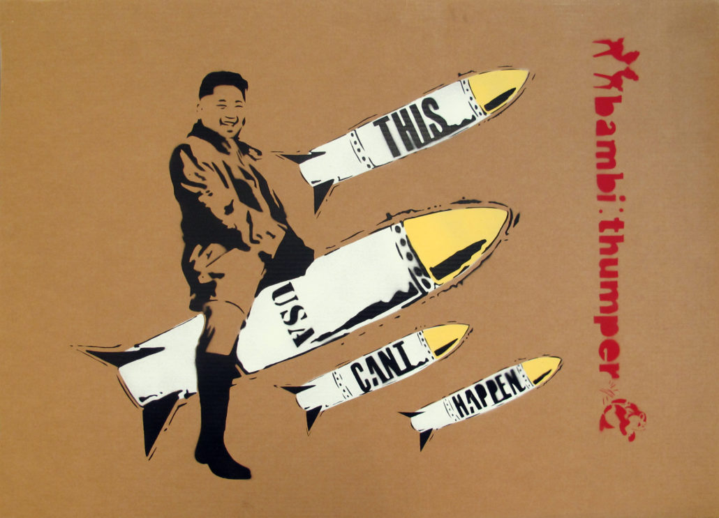 A painting of a man sitting on top of a rocket.