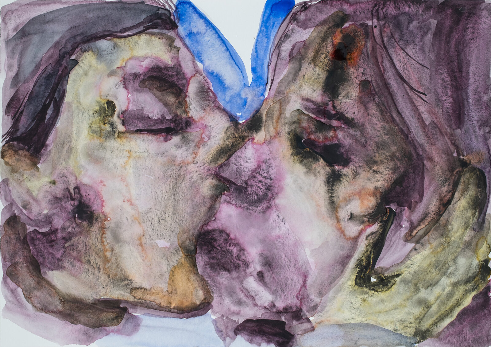 An intimate watercolor portrait of two figures kissing, rendered in a dreamy palette of purples and blues.
