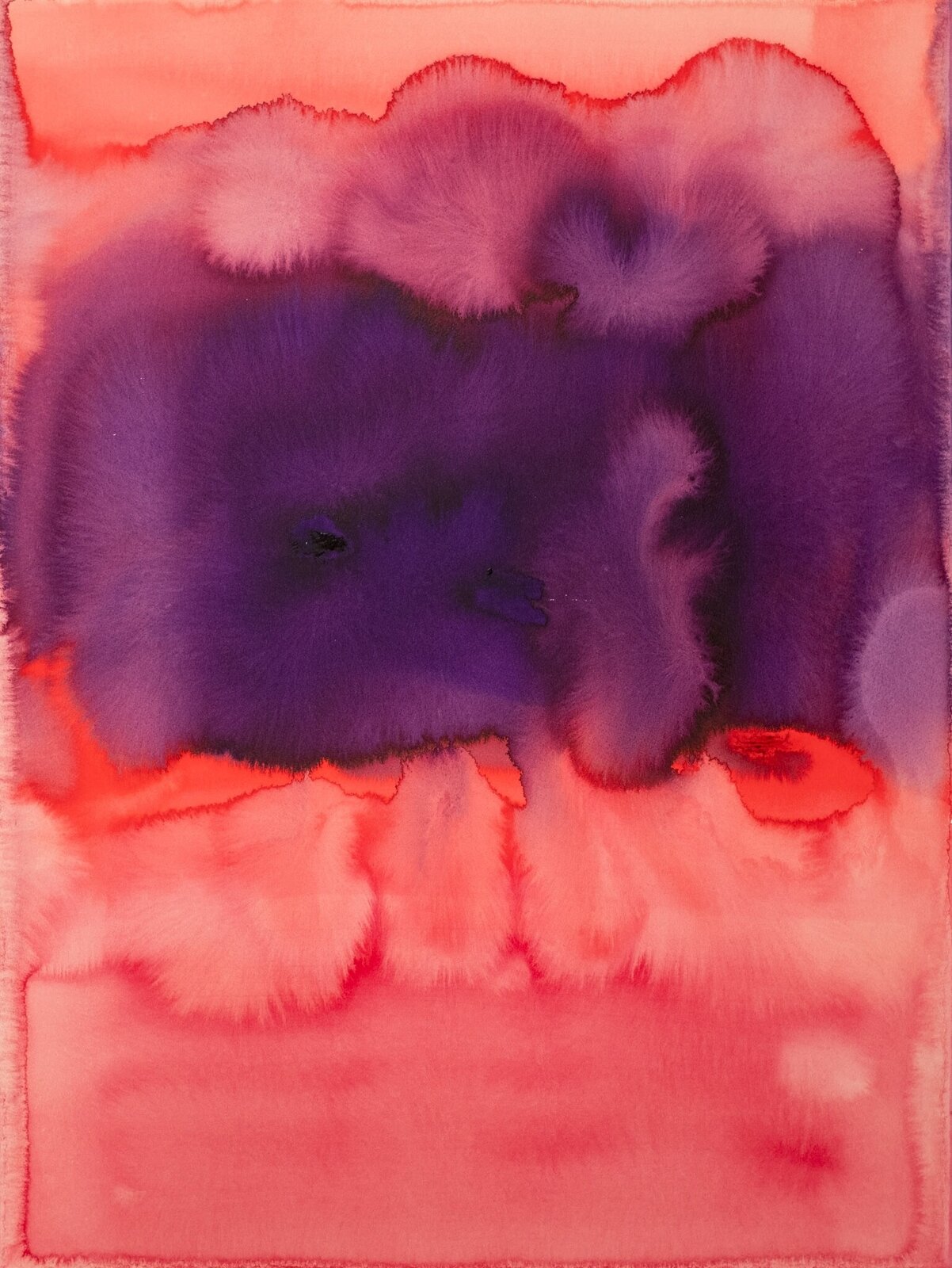 A watercolor piece featuring a central purple shape against a pink background.