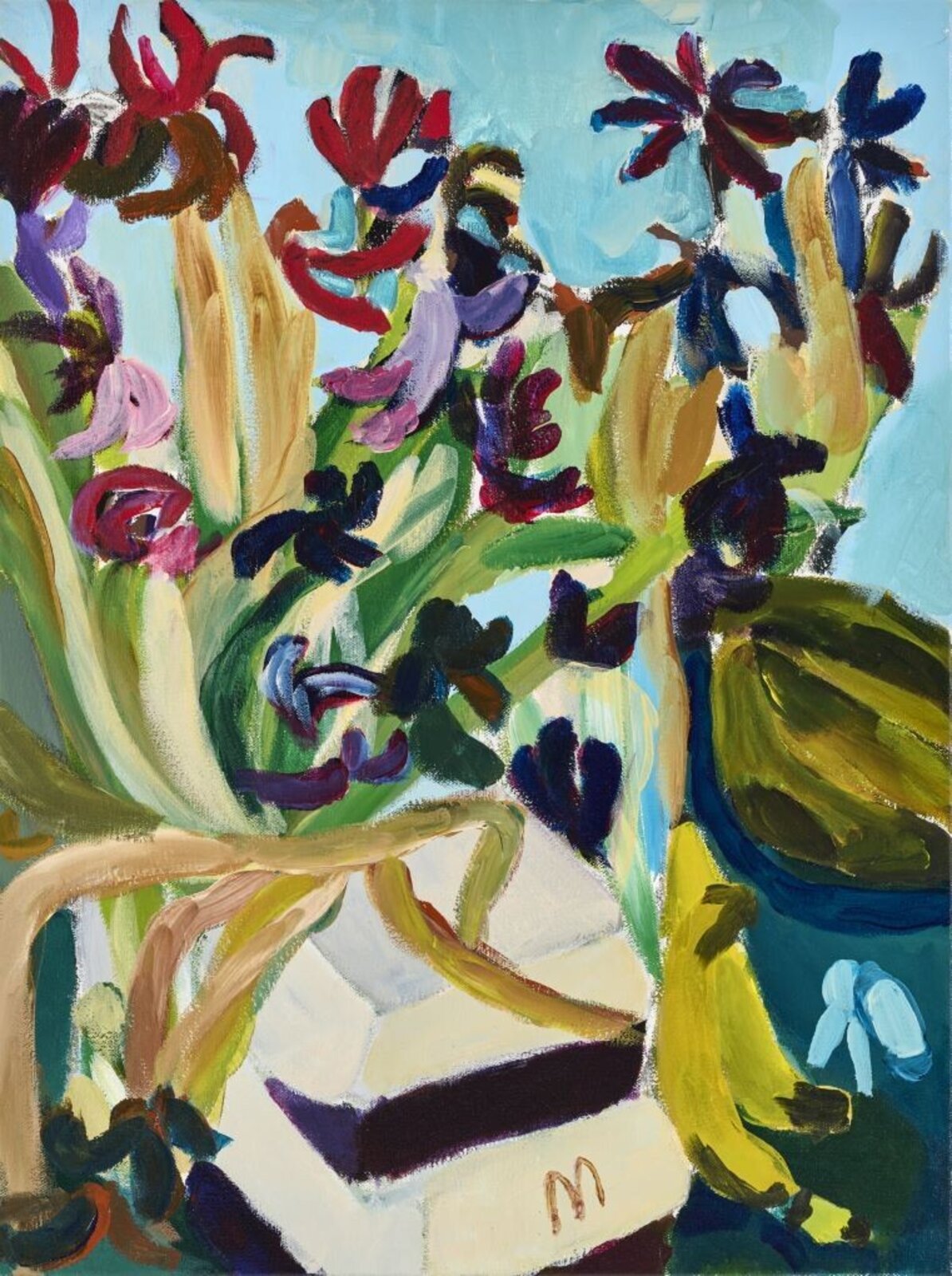 A vibrant still life painting of a colorful bouquet in a geometric vase.