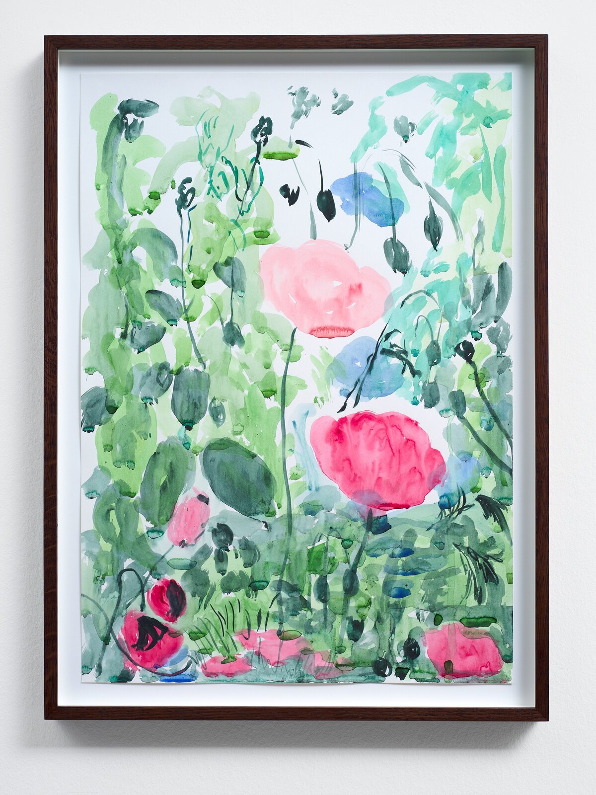 A watercolor floral study featuring bold pink poppies amidst a lush green garden.