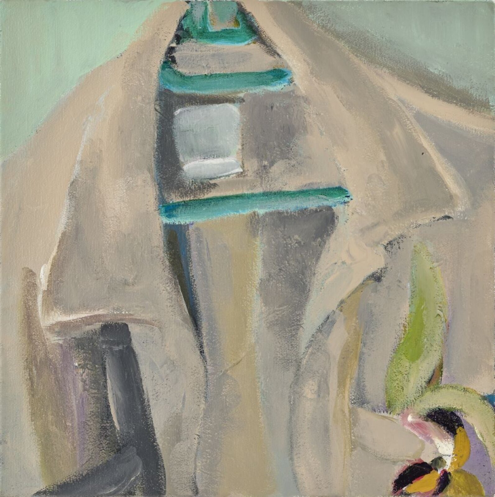 A still life painting featuring a tall bottle, a dark glass object, and a flower against a muted background.