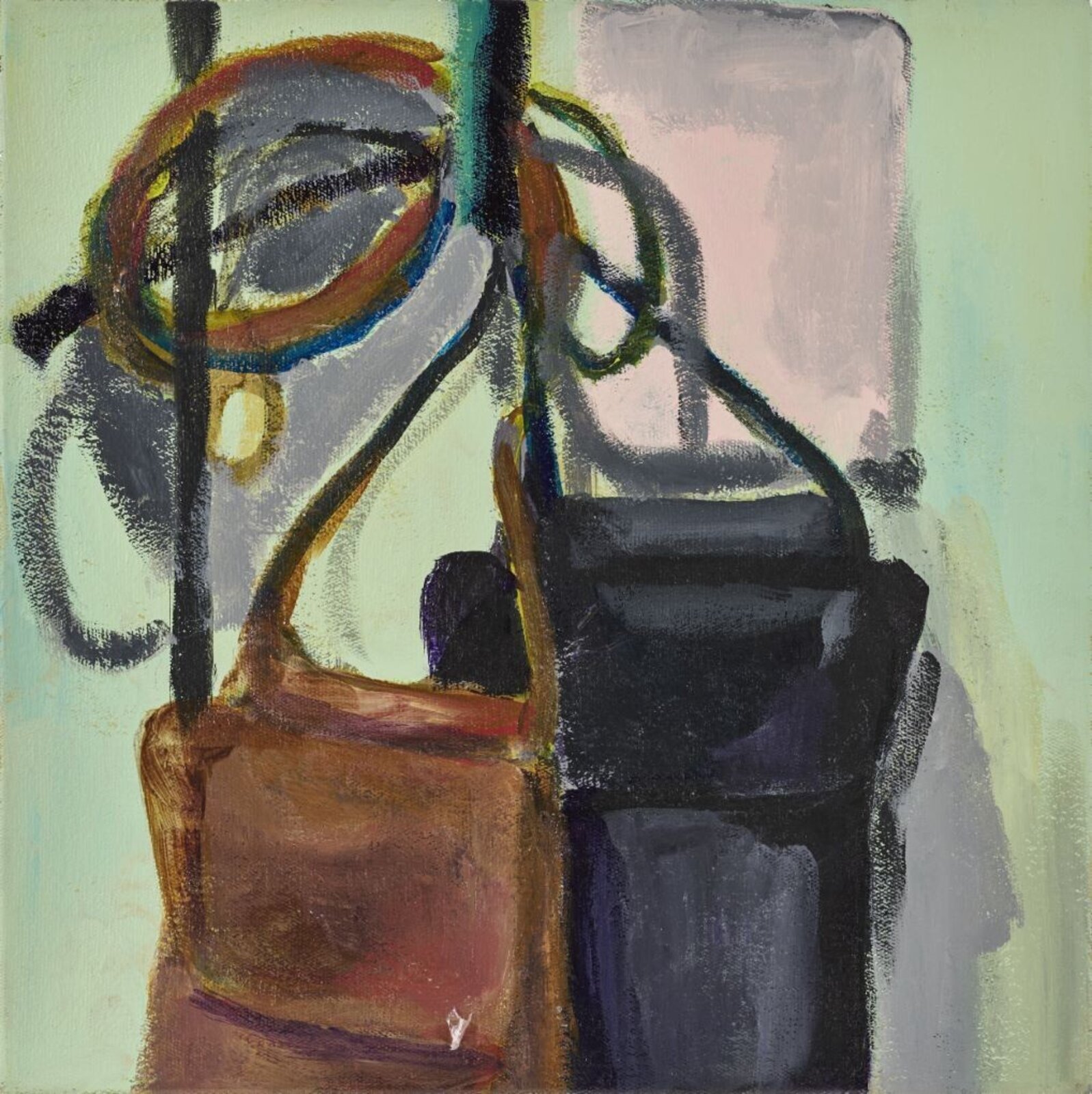 An abstract still life featuring a brown basket and a dark box against a pale green background.