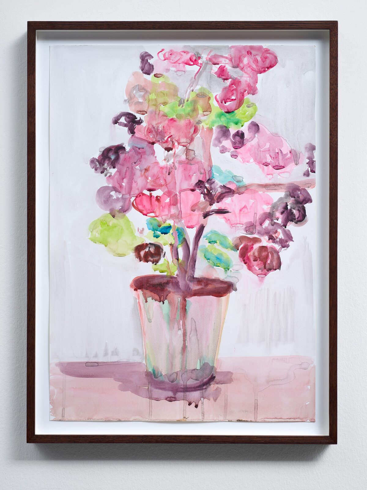A watercolor still life of a potted plant with vibrant pink flowers and green leaves.