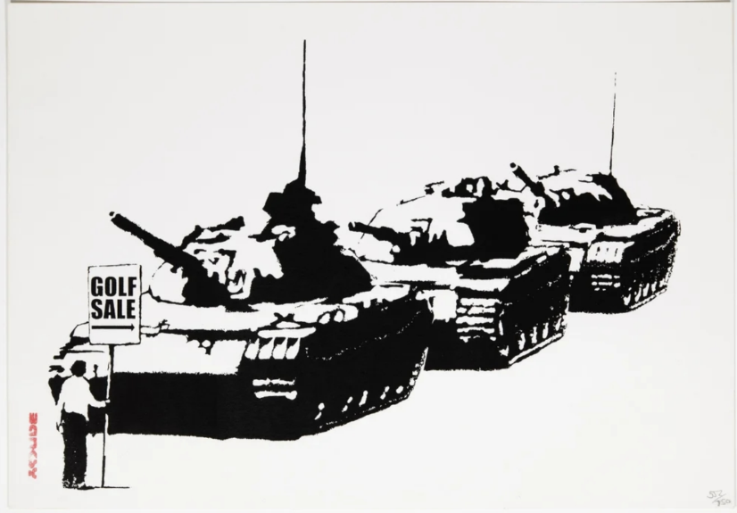 A stark black-and-white print juxtaposes military tanks with a golf course sale sign.