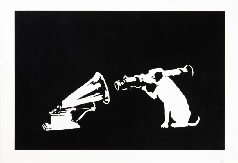 A high-contrast black-and-white print featuring a dog looking through a camera at an old-fashioned gramophone.
