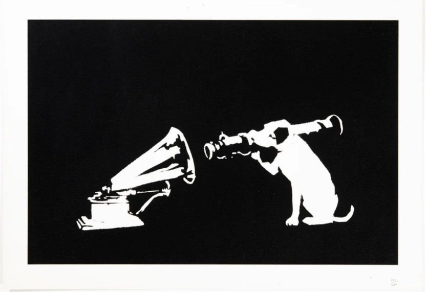 A high-contrast black-and-white print featuring a dog looking through a camera at an old-fashioned gramophone.