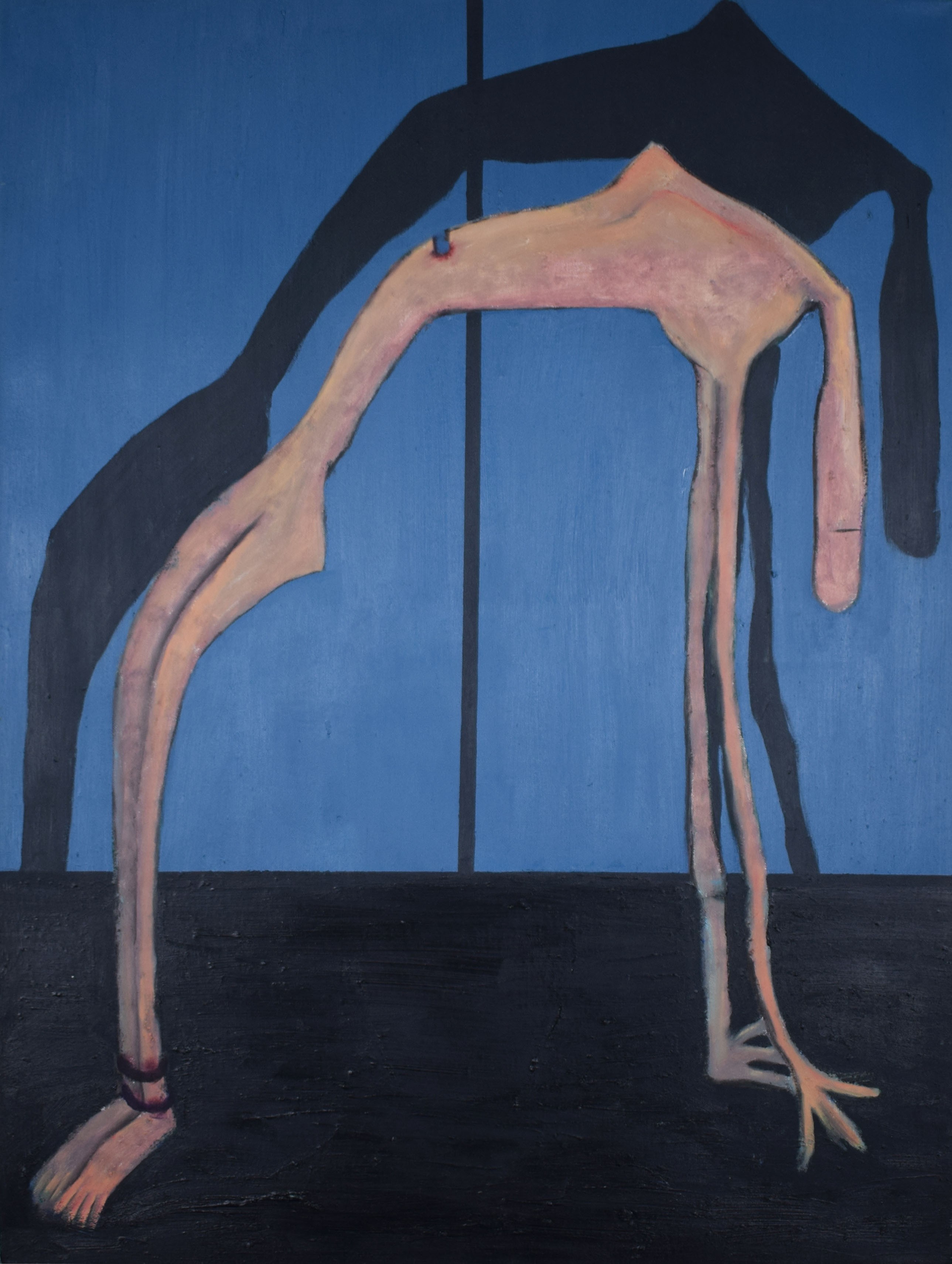 A painting of a man doing a handstand in front of a blue background.