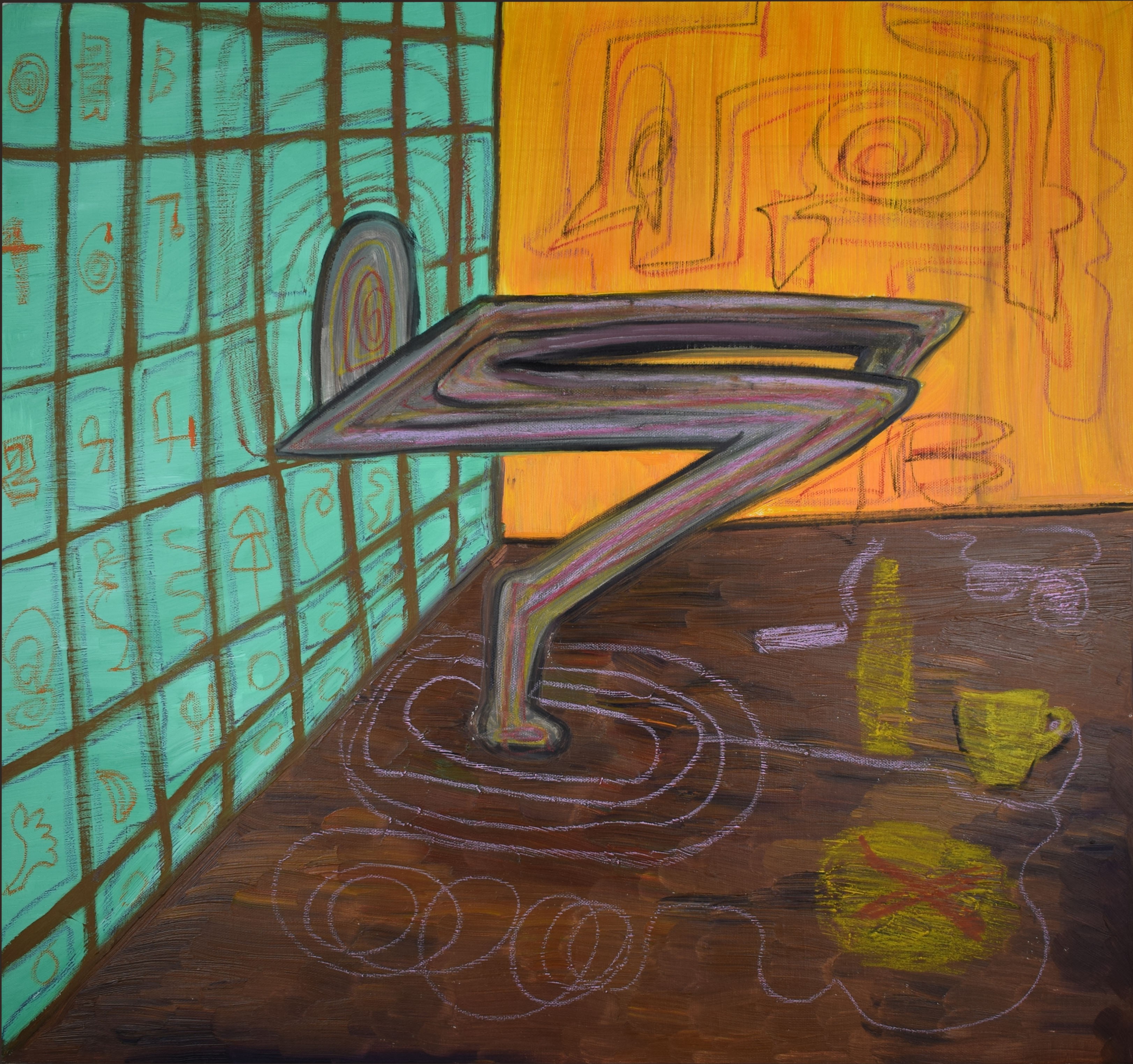 A painting of a sink in a bathroom next to a window.