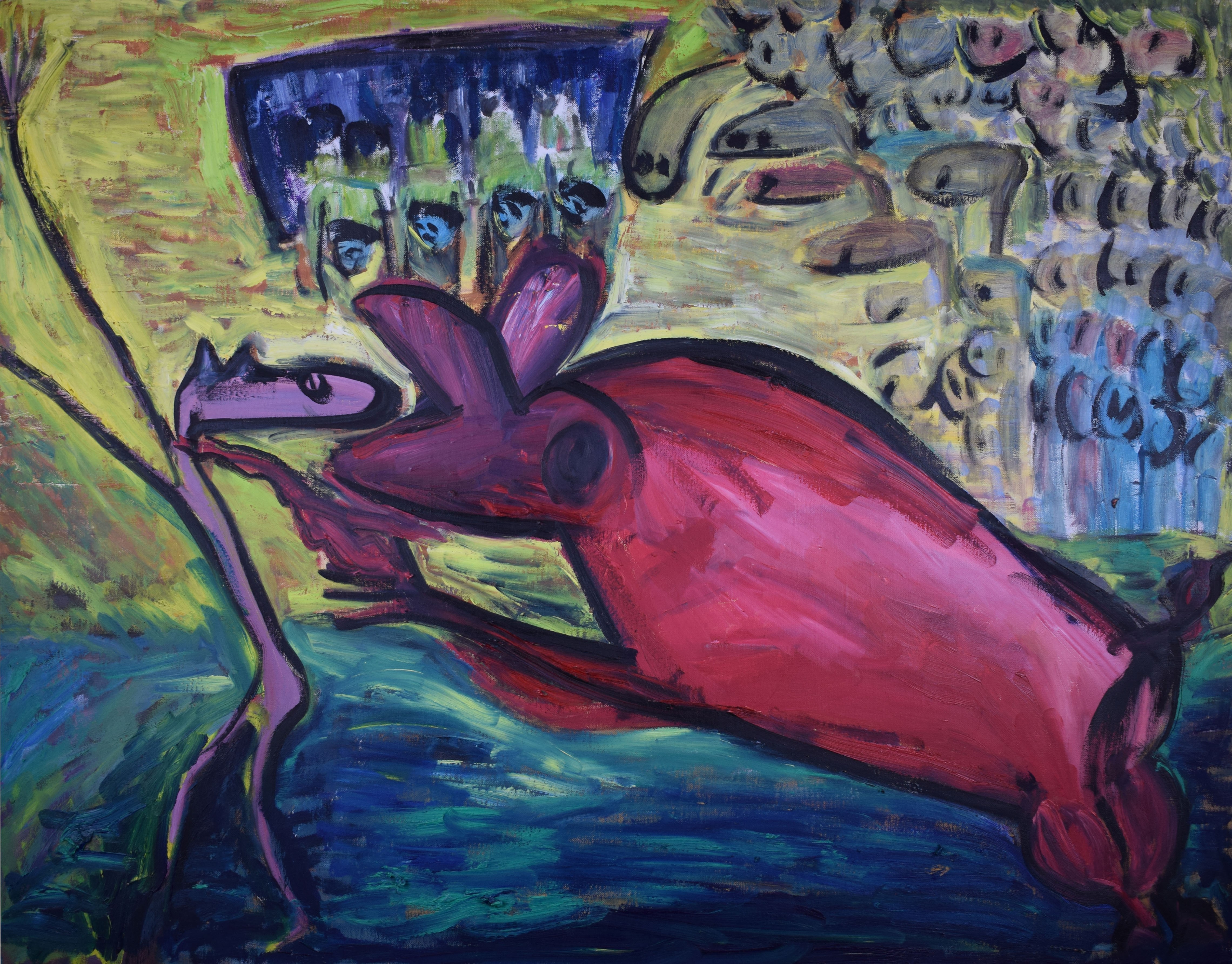A painting of a red horse in front of a building.