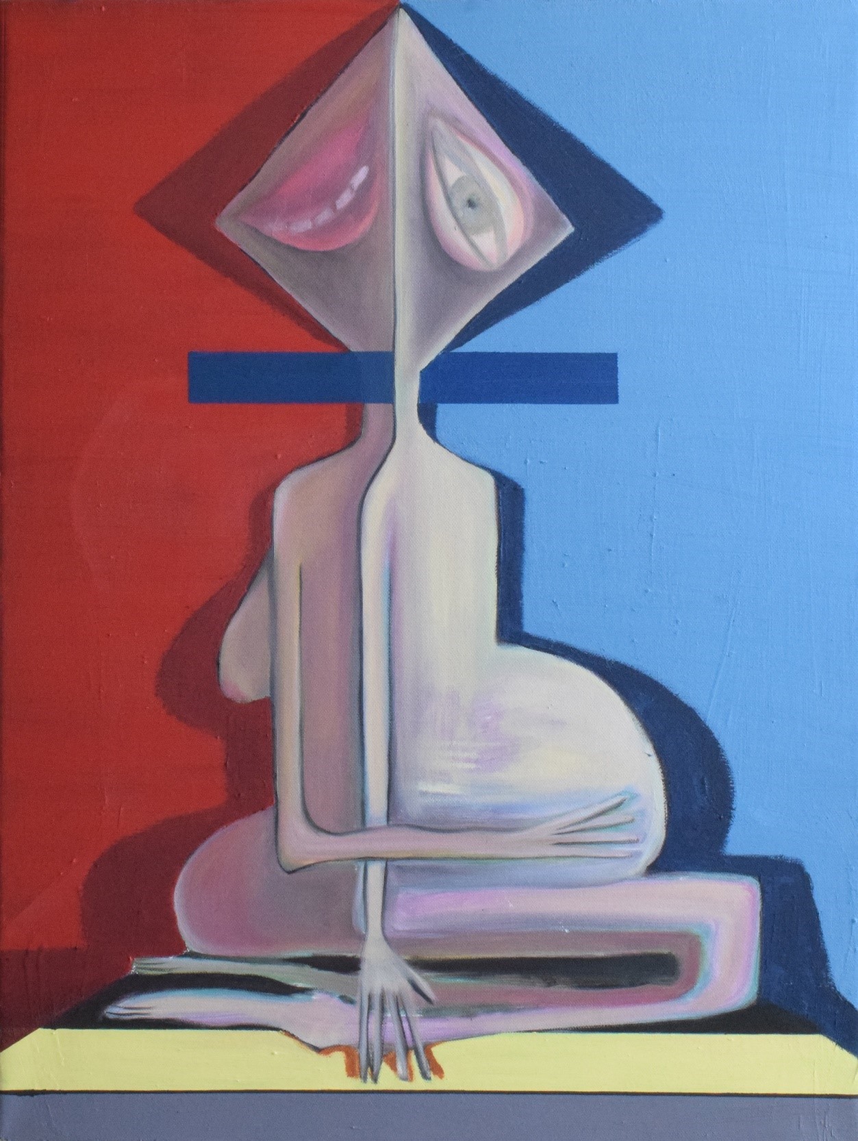A painting of a woman sitting on a table.