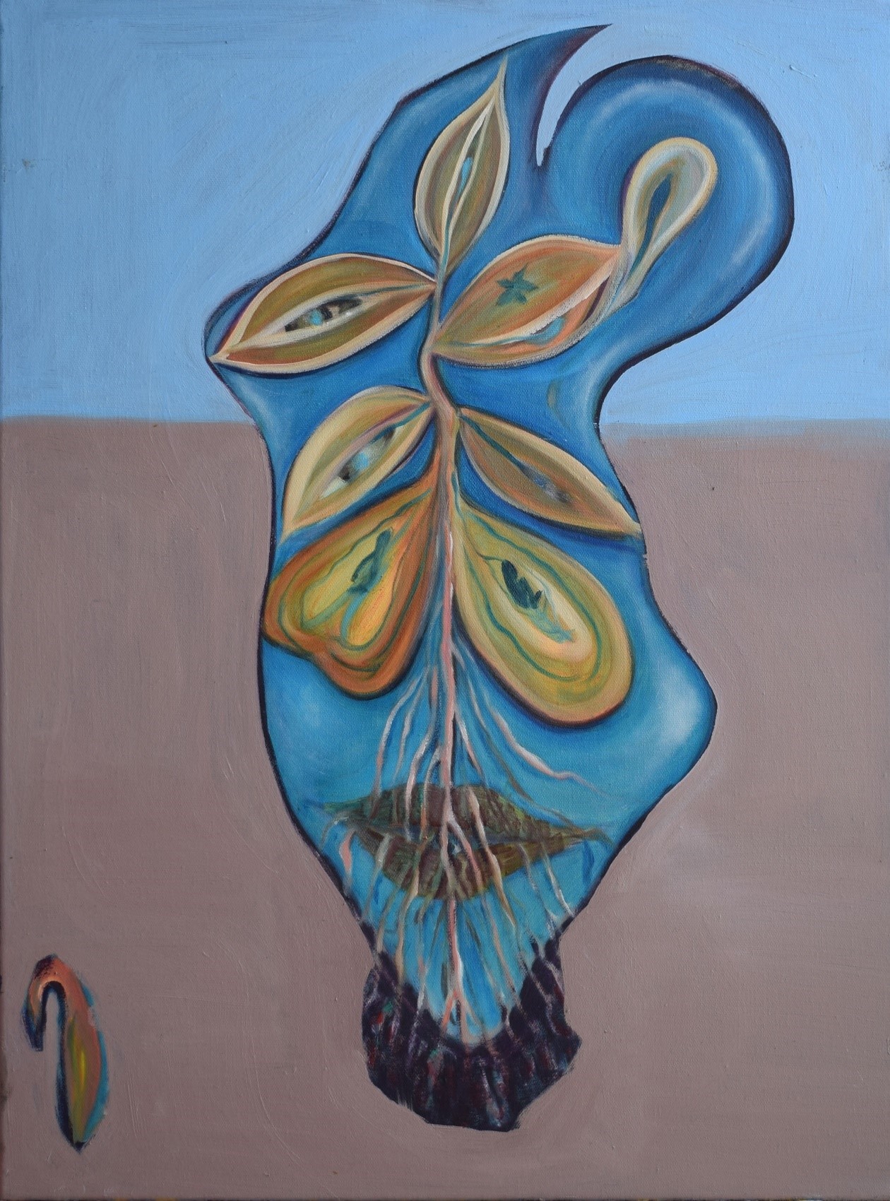 A painting of a woman's face with a tree growing out of it.