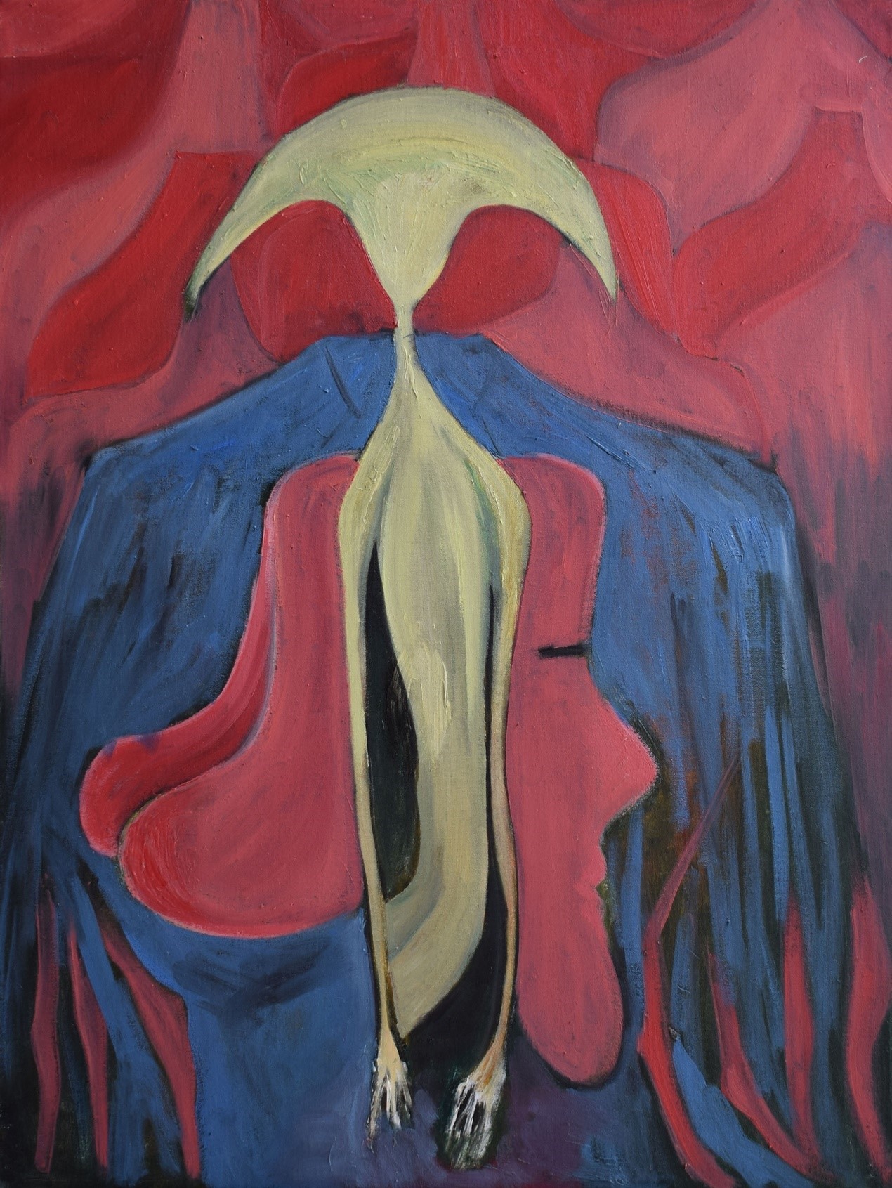 A painting of a woman with a crescent on her head.