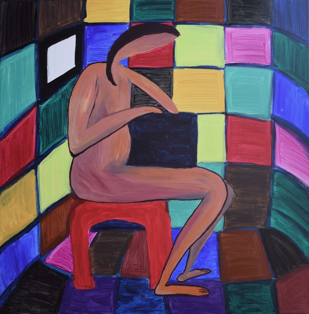 A painting of a woman sitting on a stool in front of a colorful wall.