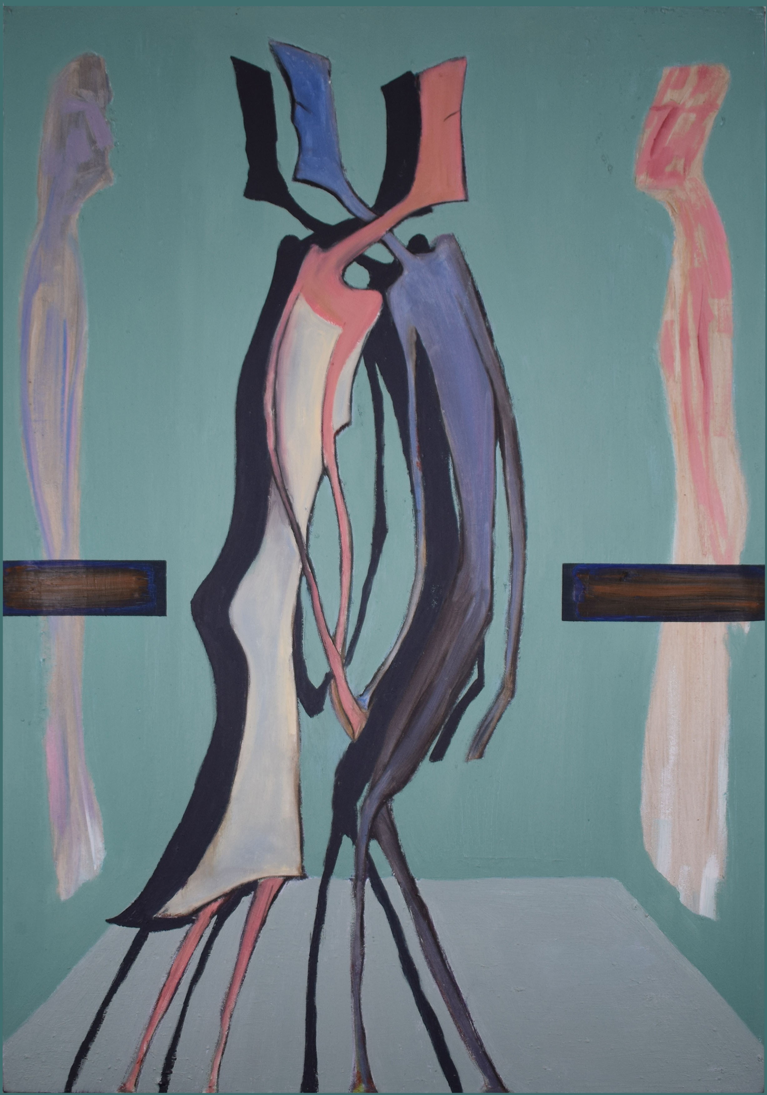 A painting of a group of people standing in a room.