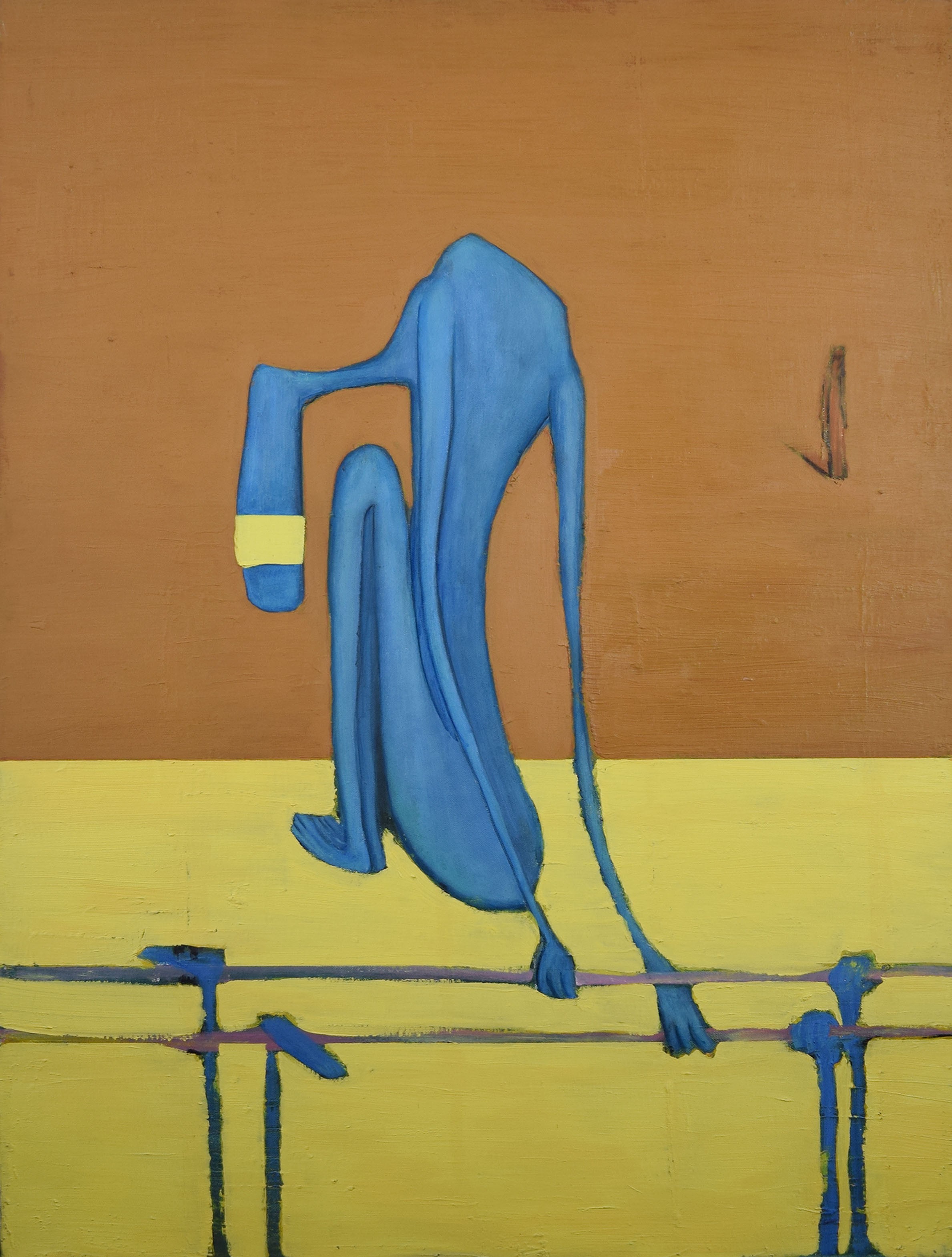 A painting of a blue figure on a yellow background.