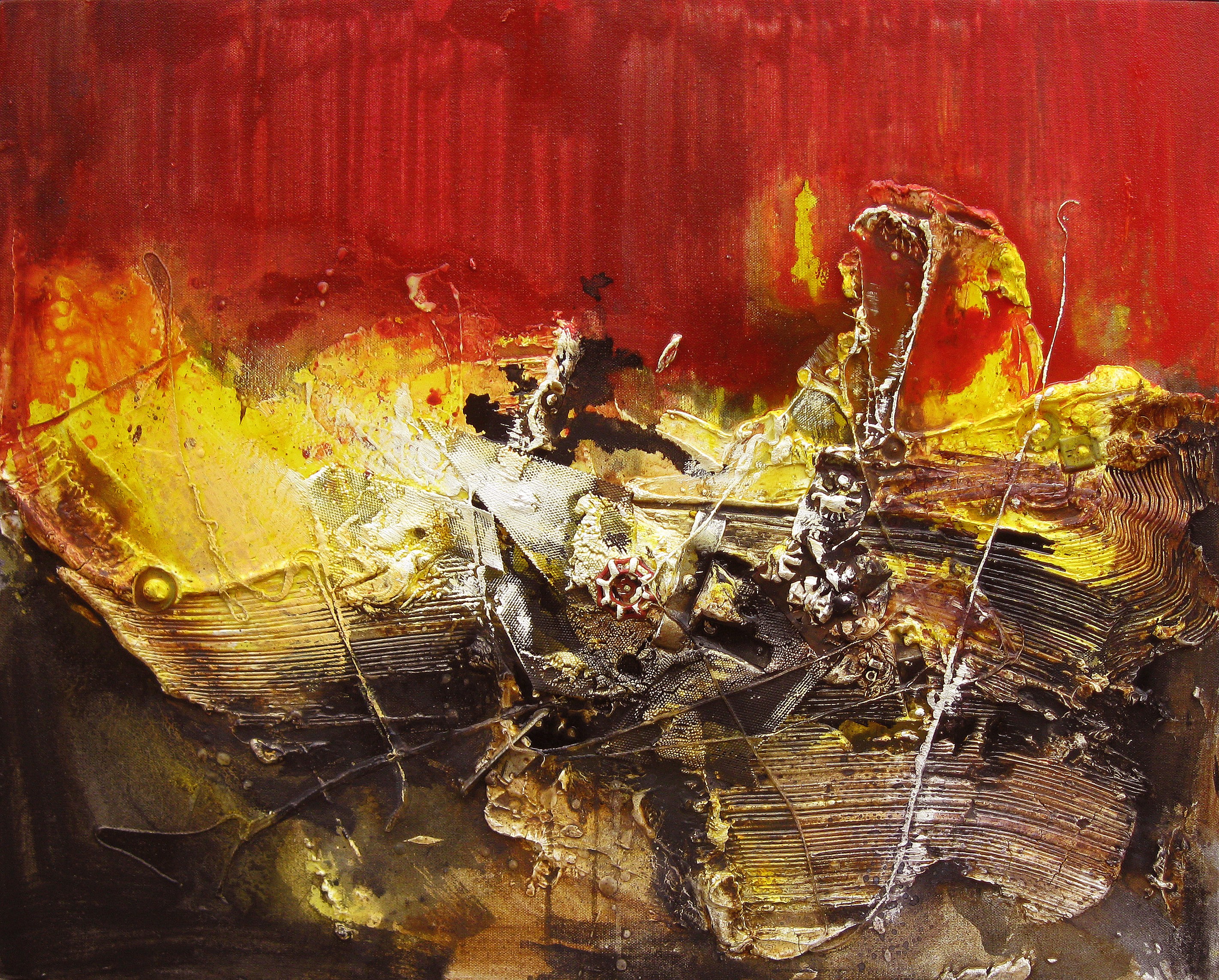 A painting of a boat on a red background. 