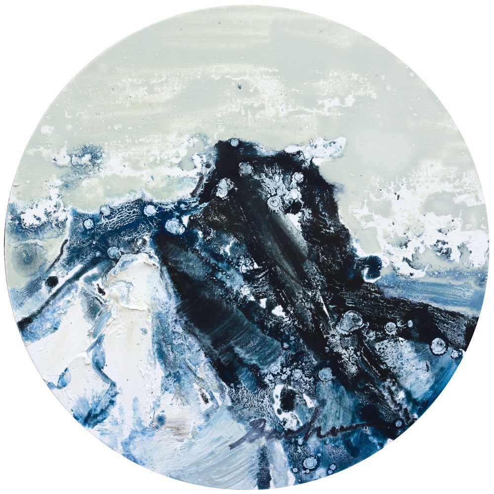 A painting of a mountain in the middle of a circle.
