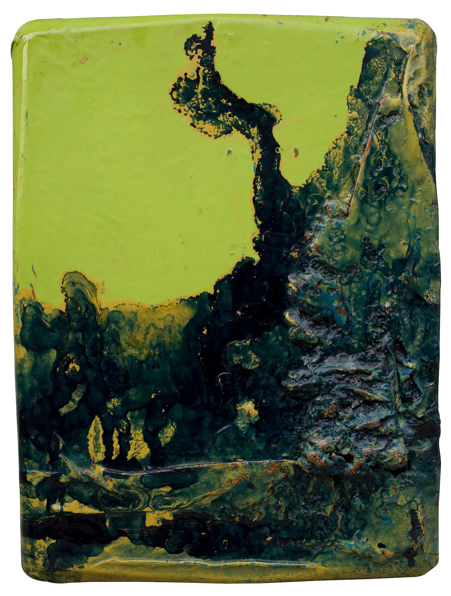 A painting of a green and black landscape on a white background.