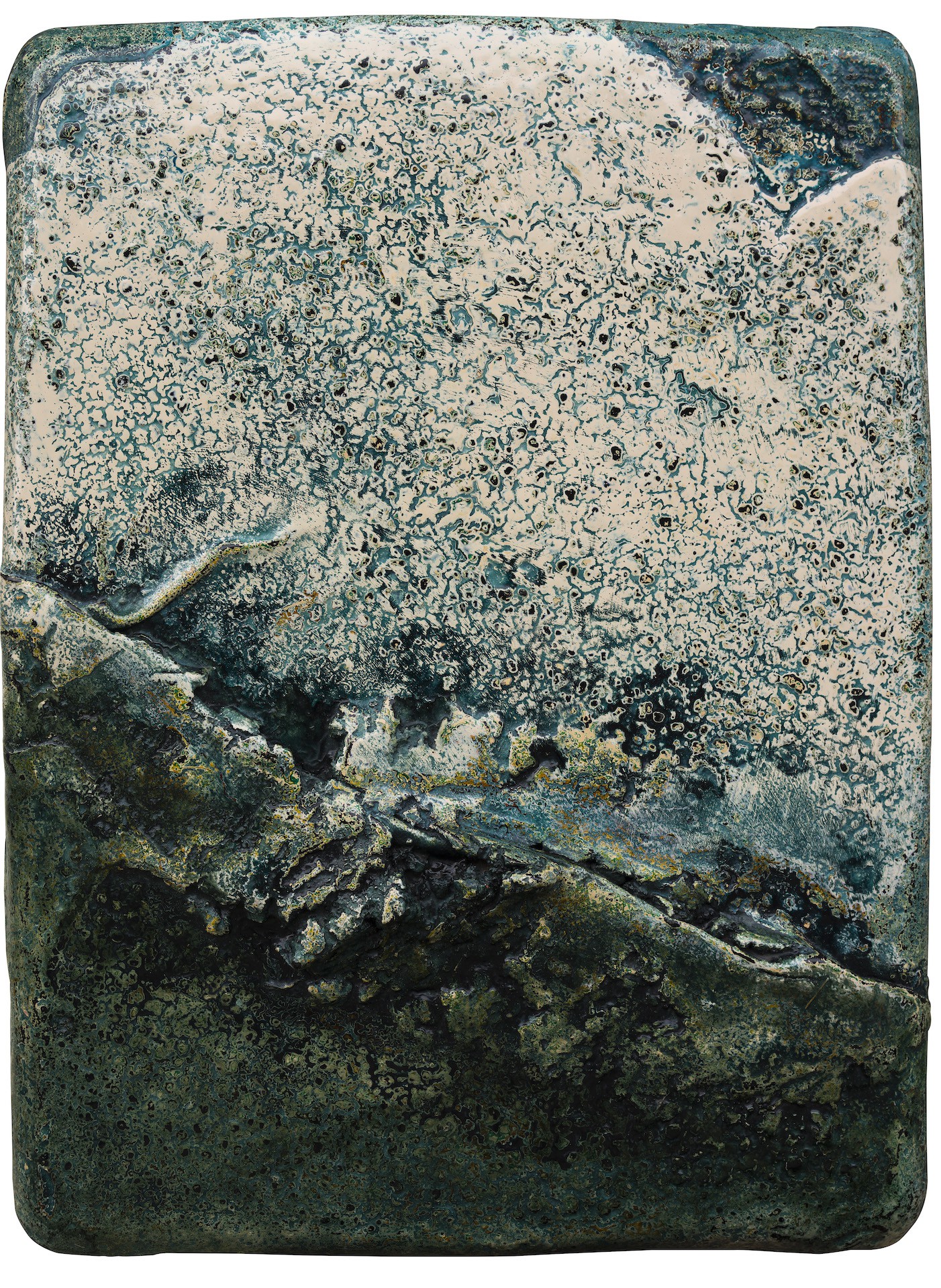 A piece of art that is on a white surface.