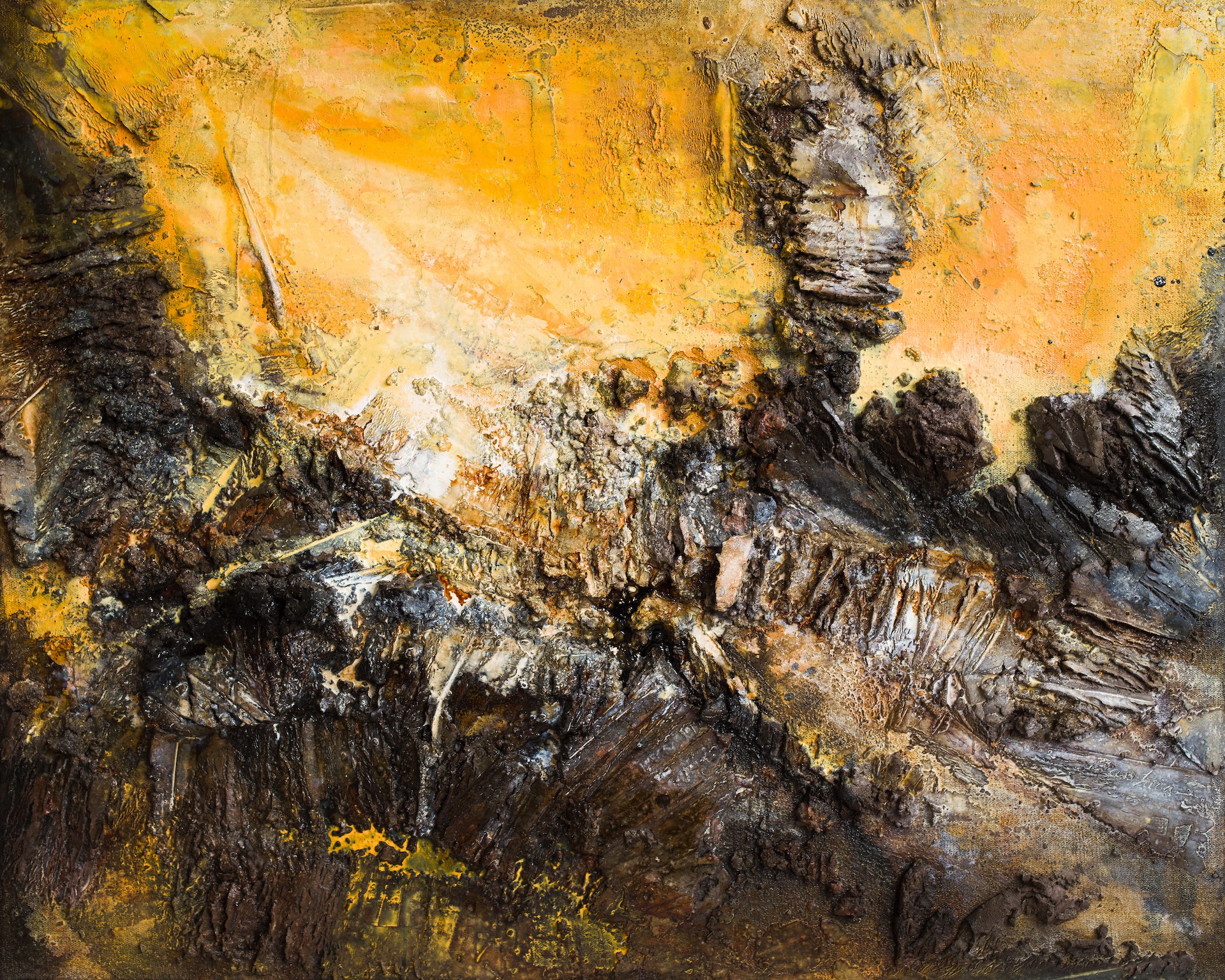A painting of a yellow and black abstract painting on a wall.