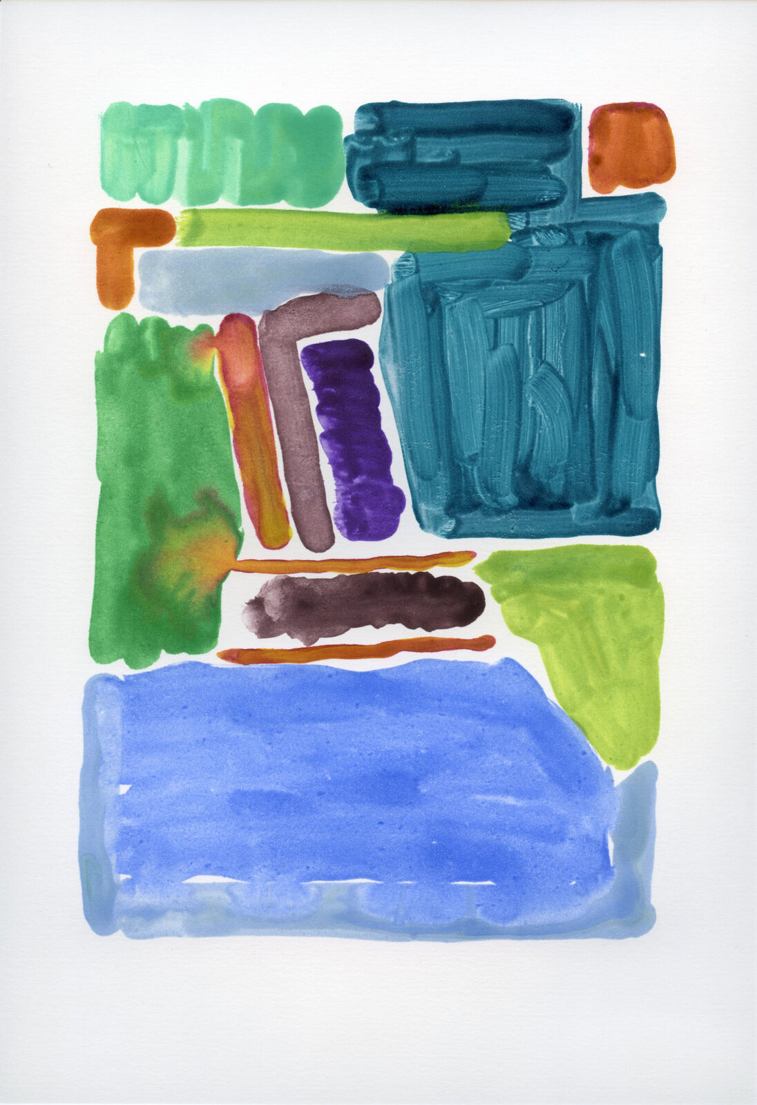 An abstract watercolor composition featuring bold blocks of color and expressive brushwork.