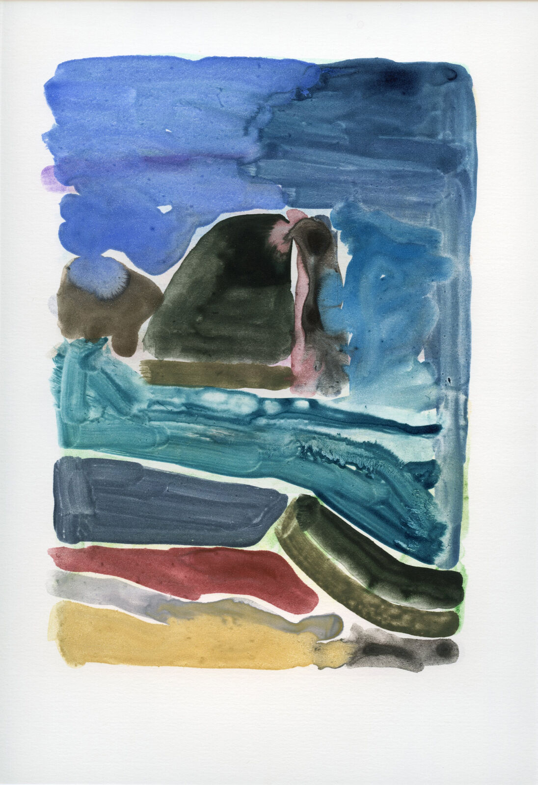 An abstract watercolor composition featuring layered blue, green, and red shapes on white paper.