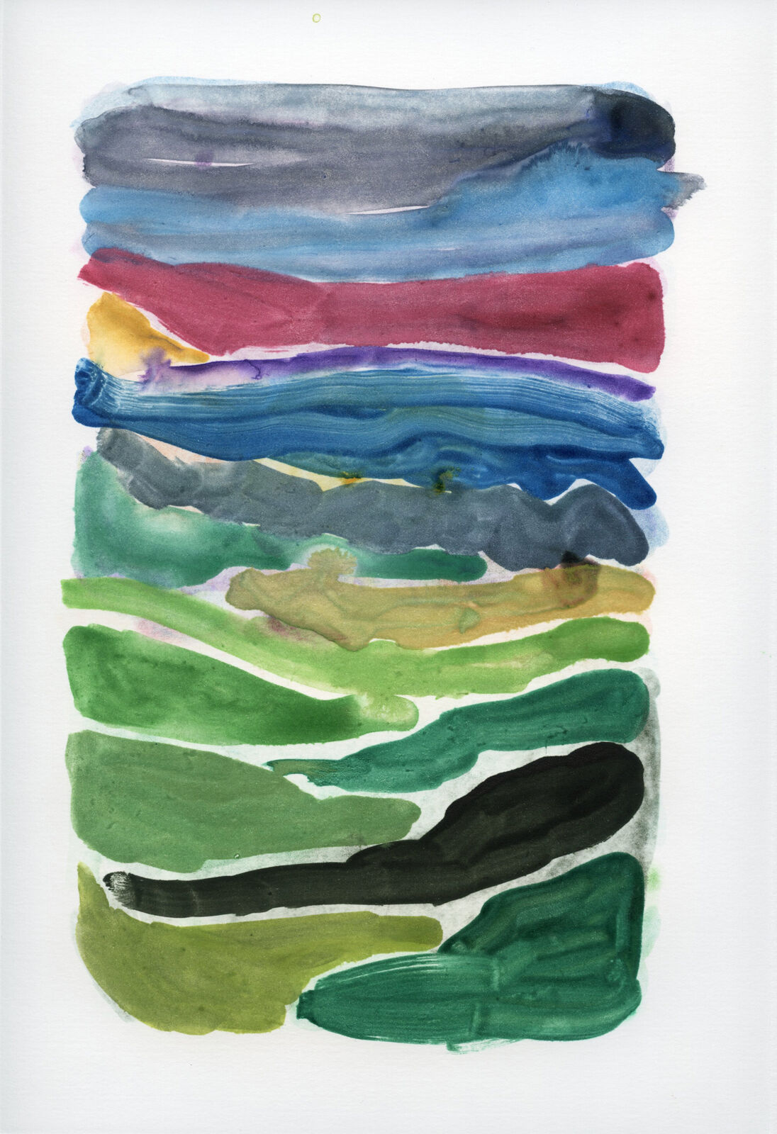 A vertical watercolor composition featuring layered horizontal bands of color.