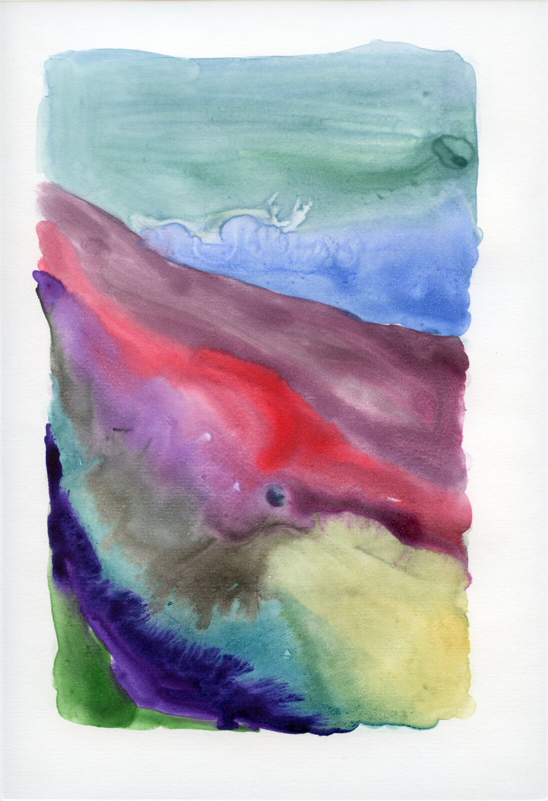 A fluid watercolor piece with layered bands of color and organic, flowing shapes.