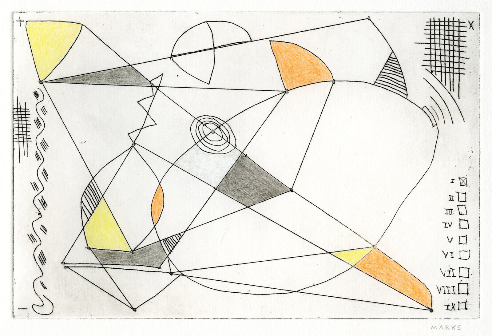 A geometric abstract composition featuring intersecting lines, colored triangles, and symbolic markings.