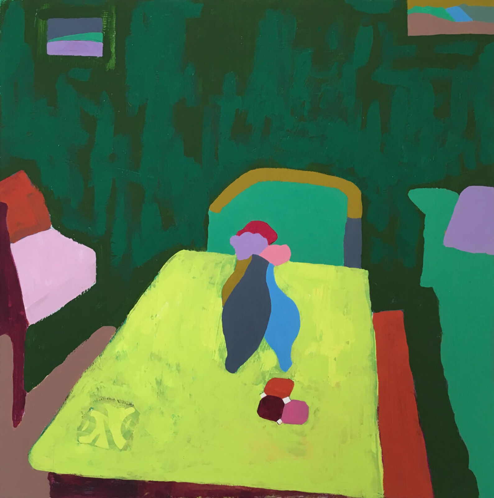 A vibrant, stylized interior scene featuring a lime green table with colorful abstract forms against a dark green background.