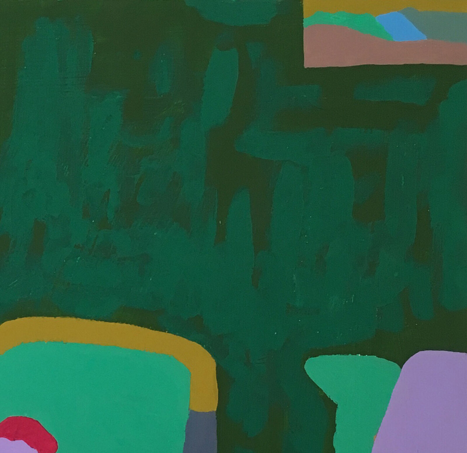 A vibrant, stylized interior scene featuring a lime green table with colorful abstract forms against a dark green background.