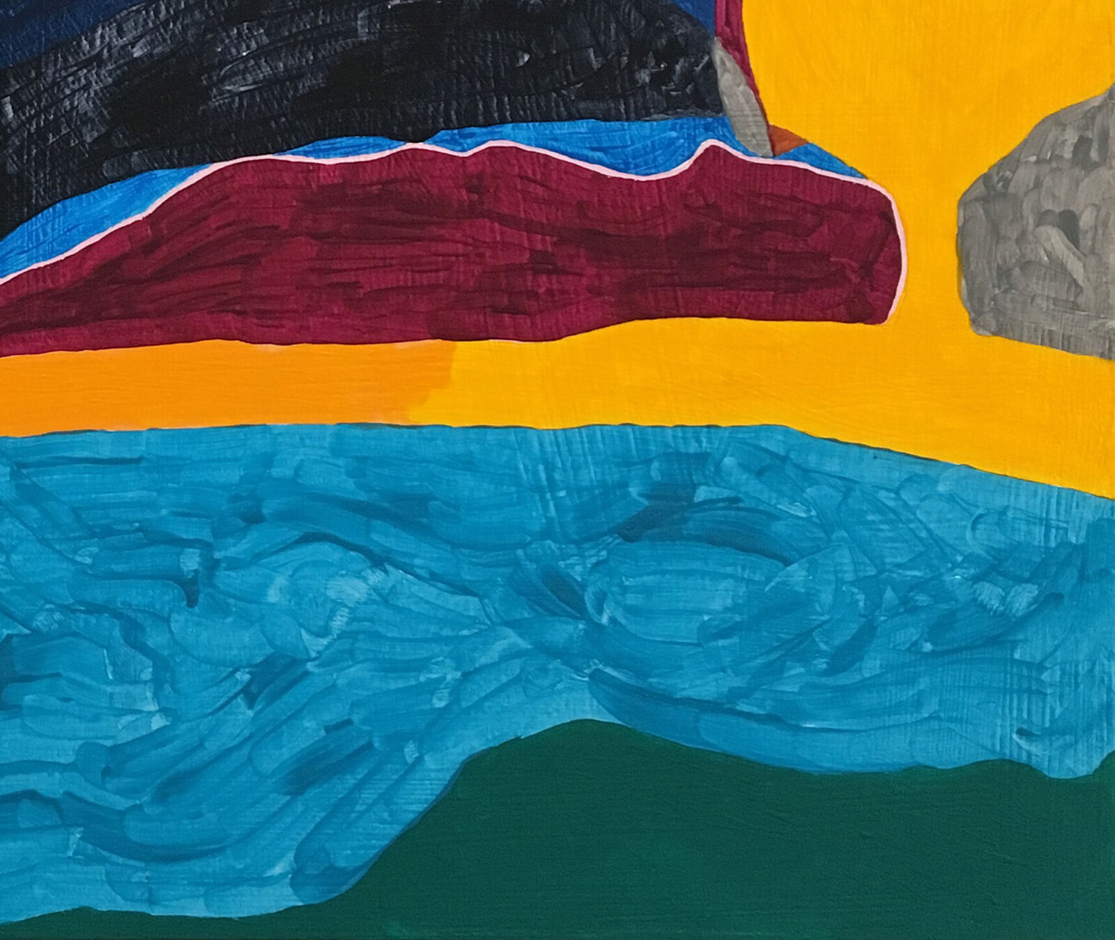 A vibrant abstract painting featuring a dark blue spiral form against a green background with bold geometric shapes.