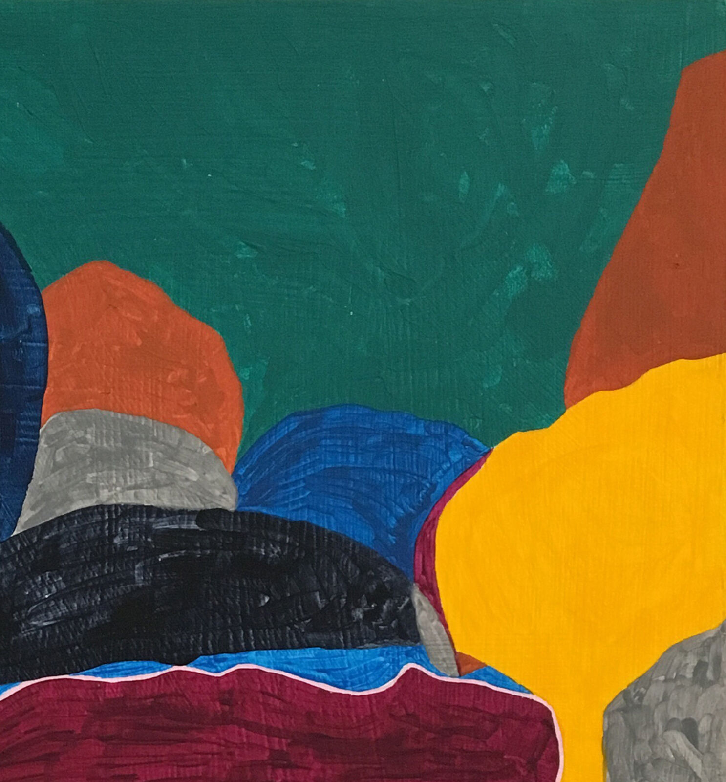 A vibrant abstract painting featuring a dark blue spiral form against a green background with bold geometric shapes.