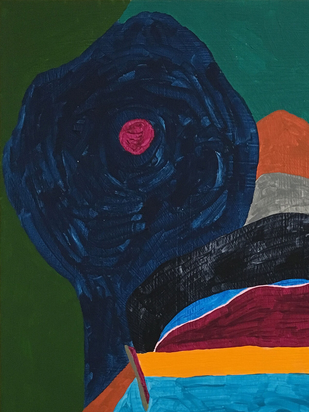 A vibrant abstract painting featuring a dark blue spiral form against a green background with bold geometric shapes.