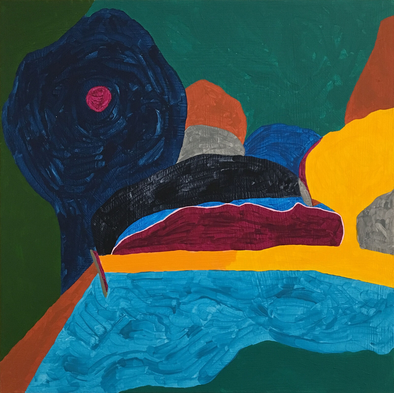 A vibrant abstract painting featuring a dark blue spiral form against a green background with bold geometric shapes.