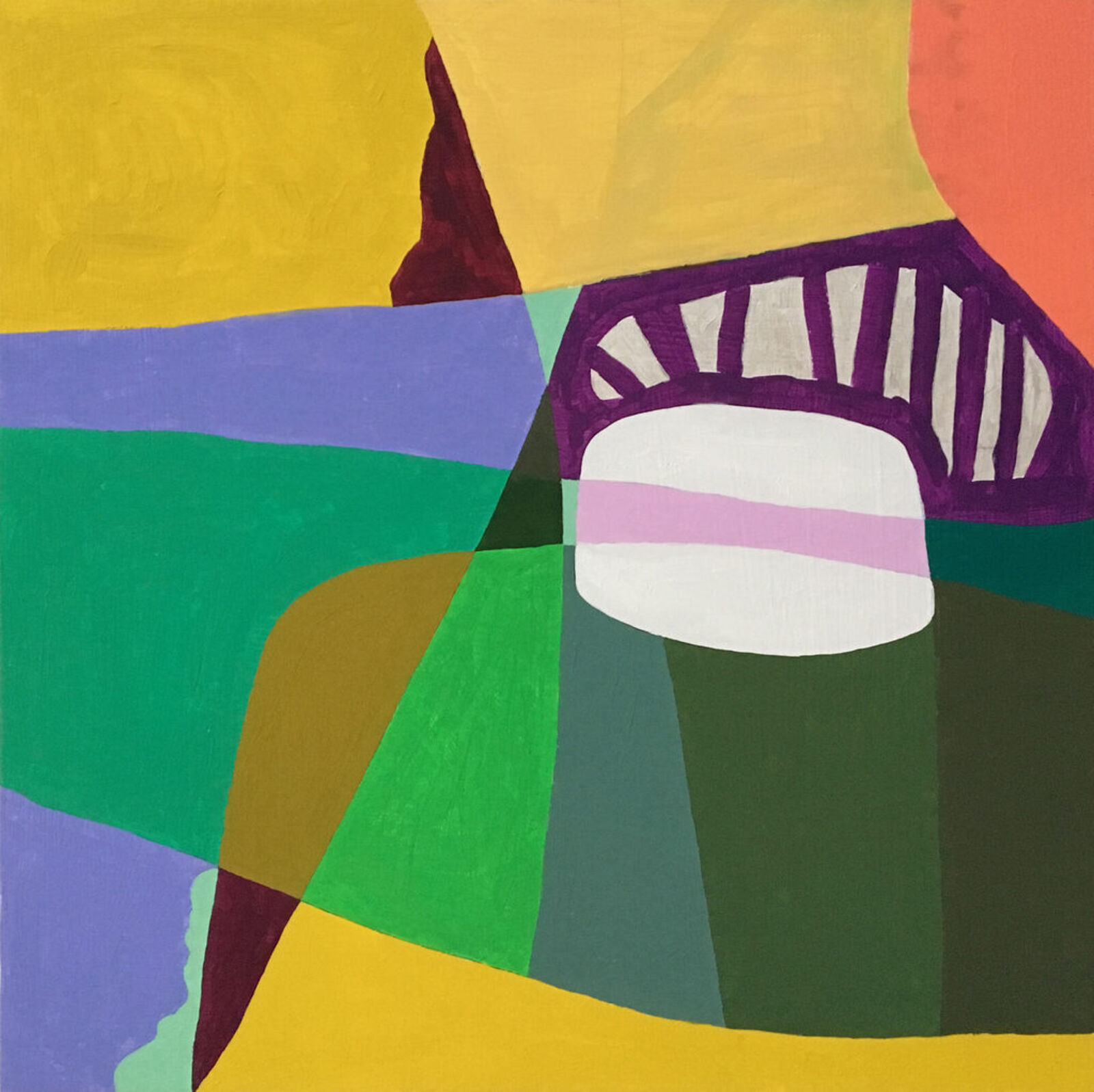 A colorful abstract painting featuring a mushroom-like form against a geometric background.
