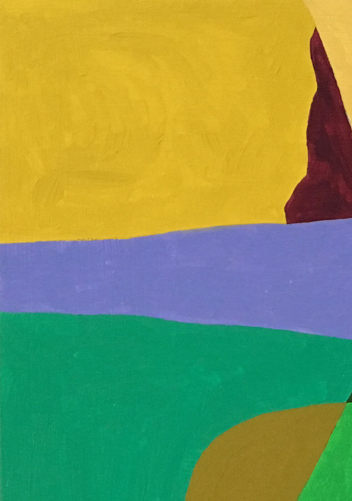 A colorful abstract painting featuring a mushroom-like form against a geometric background.