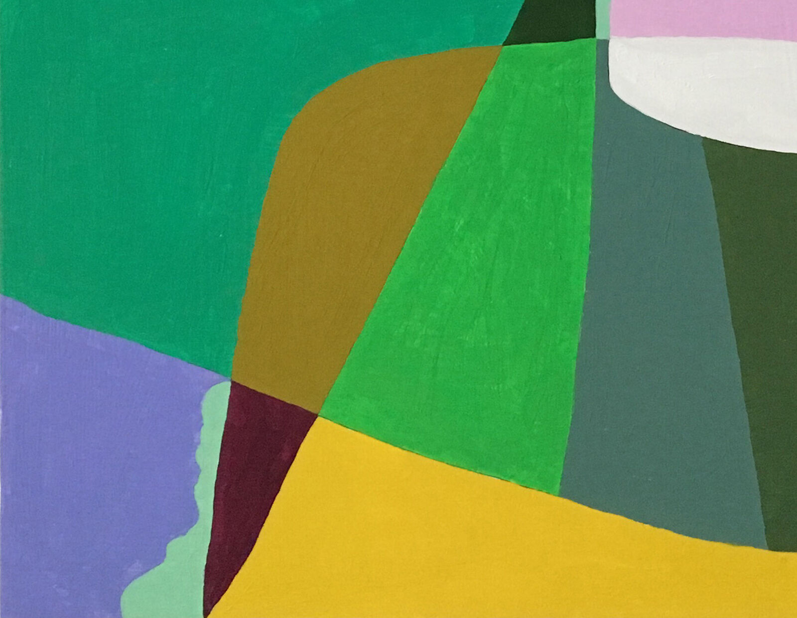 A colorful abstract painting featuring a mushroom-like form against a geometric background.