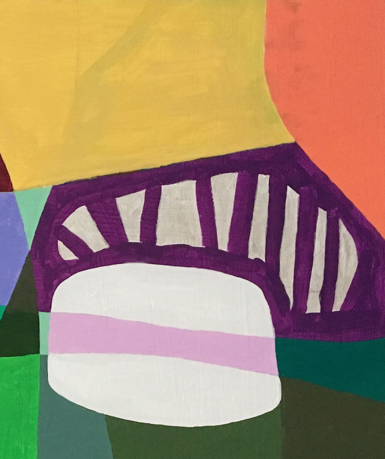 A colorful abstract painting featuring a mushroom-like form against a geometric background.