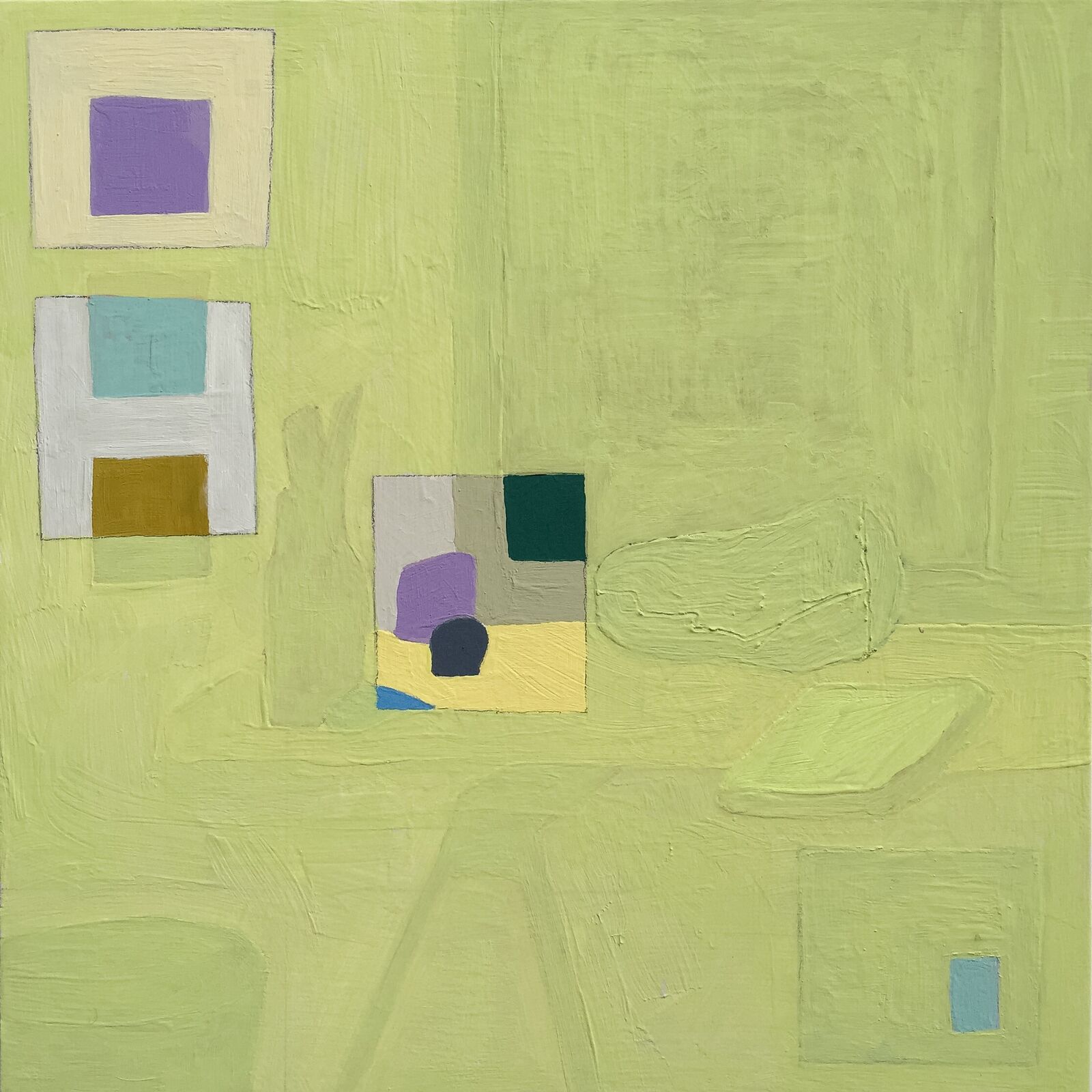 A textured abstract composition featuring a lime green background with geometric squares and soft organic shapes.