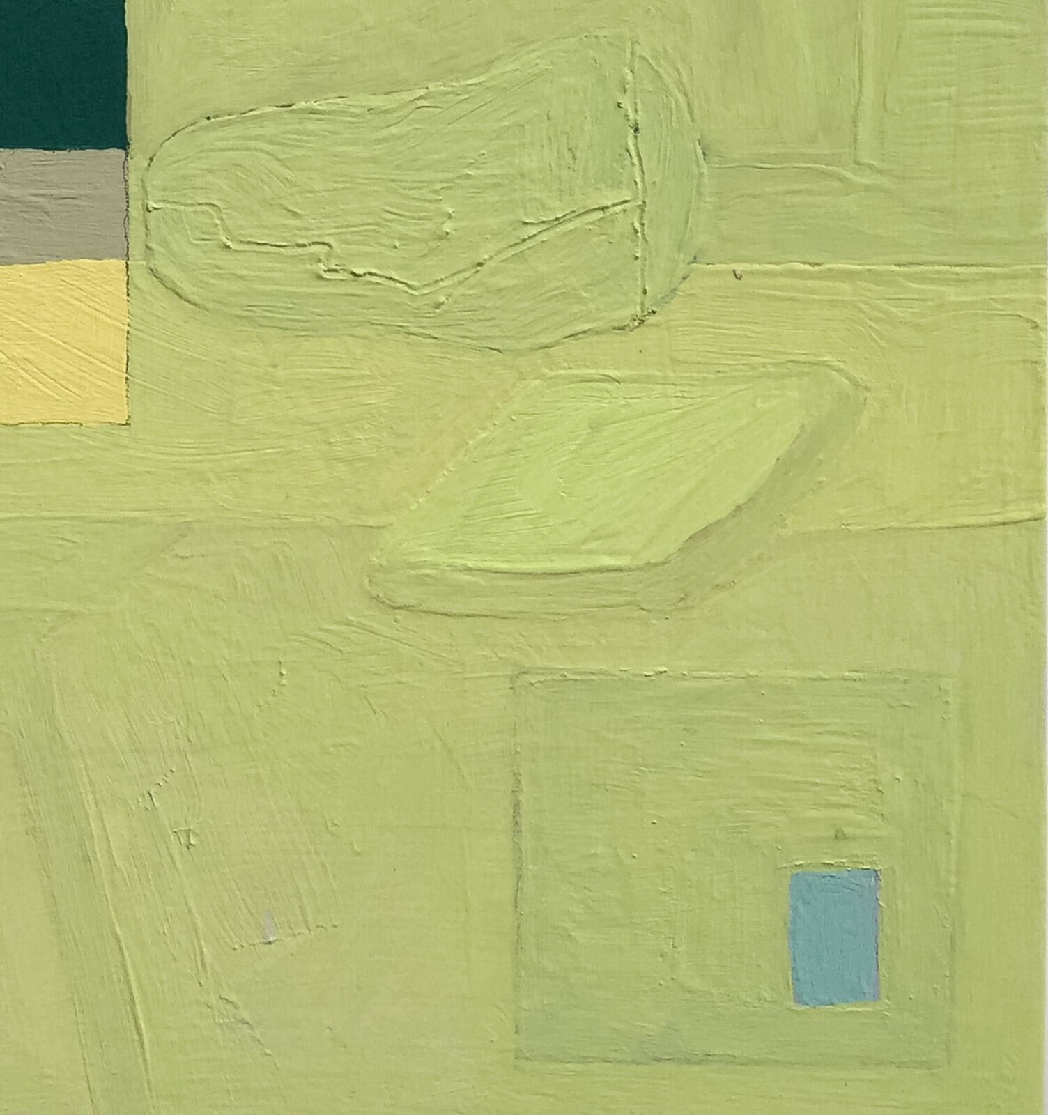 A textured abstract composition featuring a lime green background with geometric squares and soft organic shapes.