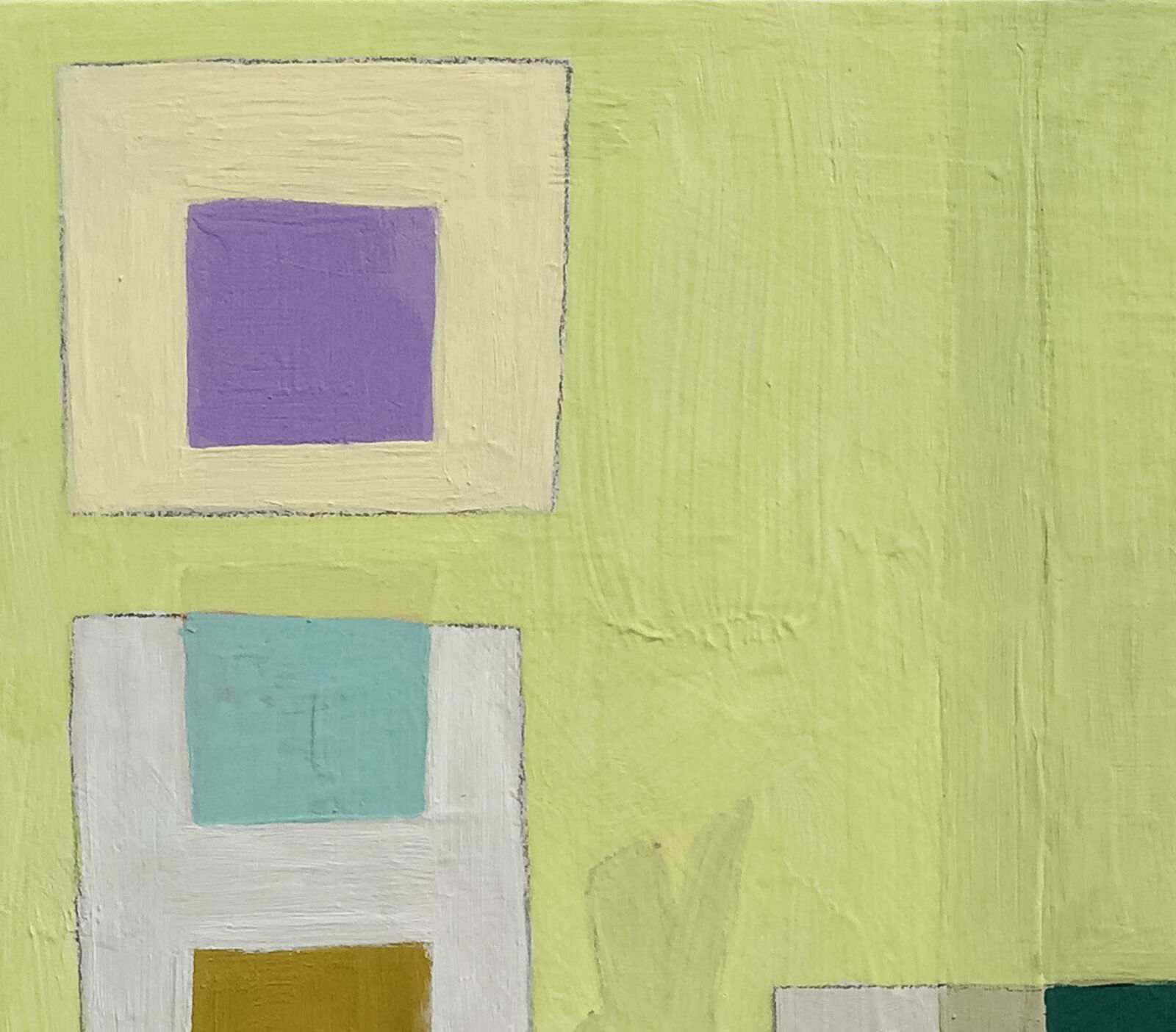 A textured abstract composition featuring a lime green background with geometric squares and soft organic shapes.