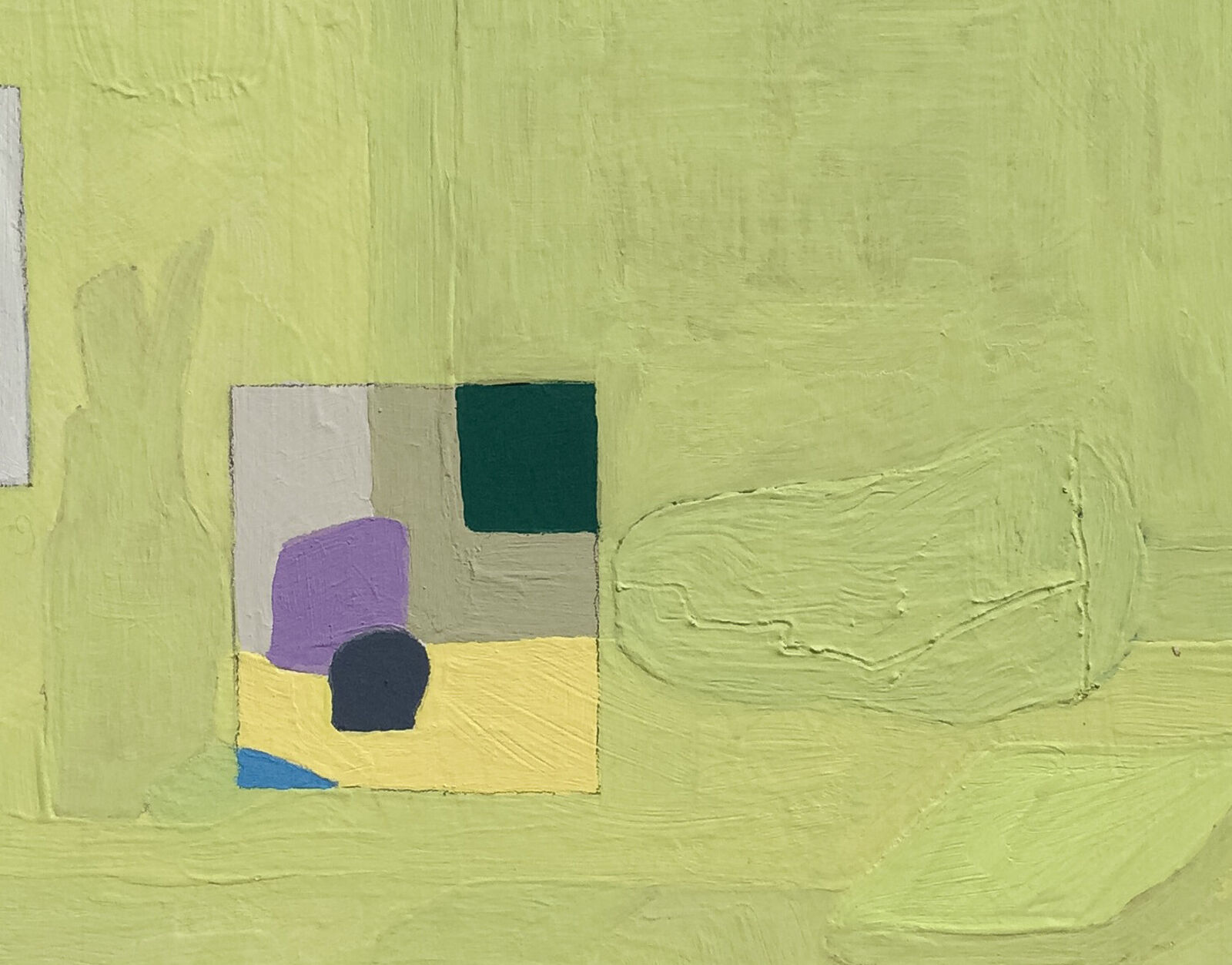A textured abstract composition featuring a lime green background with geometric squares and soft organic shapes.