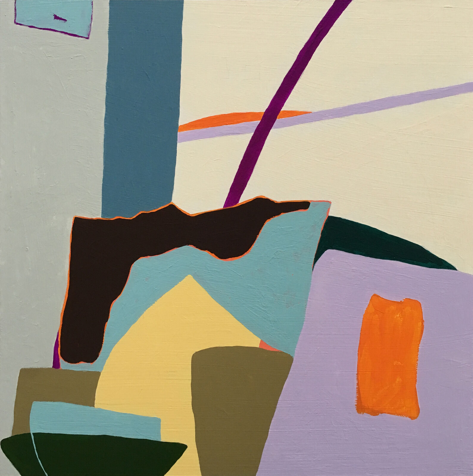 An abstract composition of layered geometric shapes and bold colors.